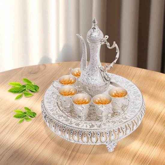 Vintage theeserviesset met koffiemok en theepot, 280 ml theepot en 6 x 25 ml theekop, Europese theeserviesset, theeset voor theetafel, decoratie voor koffie, thee-feest en thuis, 25 x 7 cm (zilverwit)