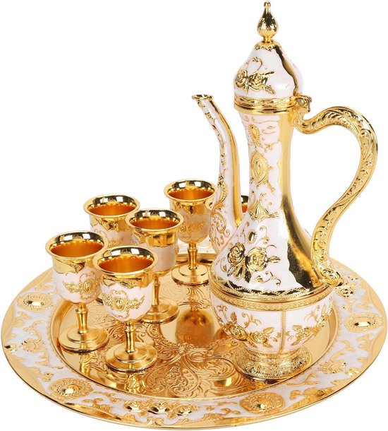 Vintage Turkse Koffiepot, Multifunctionele Europese Hofstijl Innovatieve Metalen Theepotbekers Voor Thuis, Bruiloft, Wijnkastdecor(Goud+Wit)