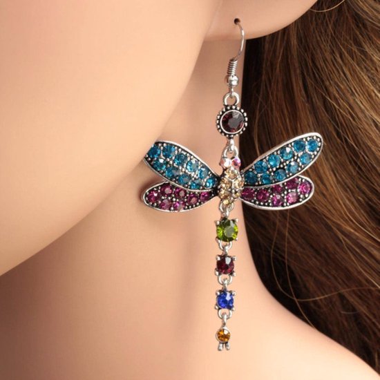 Vintage Vrouwelijke Bjg Dragonfly Kristallen Oorbellen Boho Regenboog Blauwgroene Steen Oorbellen Leuke Zilveren Kleur Drop Oorbellen Voor Vrouwen