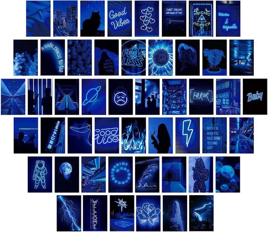 Vintage wandkunstcollageset, 50 stuks, blauwe ansichtkaarten voor de