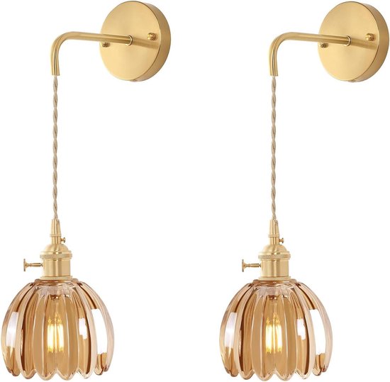 Vintage wandlamp met heldere geribbelde glazen kap, gouden wandlamp met E27-fitting en draaischakelaar, elegante wandverlichting voor slaapkamer of woonkamer (barnsteen, verpakking van 2)