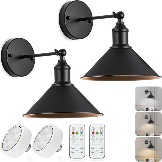 Vintage Wandlamp op batterijen, 2 stuks (zwart)