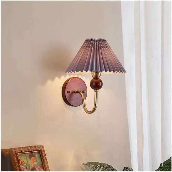 Vintage wandlamp van plisséstof met houten sokkel, middeleeuwse stijl, bekabeld, voor slaapkamer en hal, wit