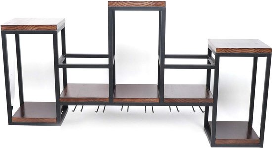 Vintage wandrek, houten bar, wijnflessenhouder, rustiek + glashouder, wandmontage, wijnrek, wandmontage, decoratie, metalen hangrek