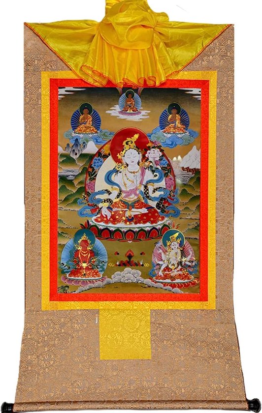 Vintage witte Tara Tibetaanse handgemaakte boeddhistische Thangka Brocade for boeddhistische altaar Zen meditatie (kleur: goud, maat: S) (kleur: Blu, maat: S) (Color : Bruin, Size : Small)
