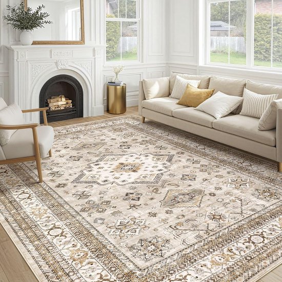 Vintage woonkamerkleed 20 x 20 cm - grote zachte wasbare oosterse traditionele, noodlijdende boerderijtapijten voor slaapkamer - indoor vloer accent tapijt voor thuiskantoor, huis decoratie - beige