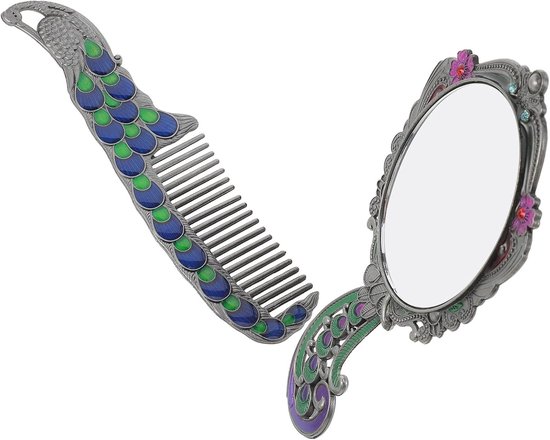 Vintage Zinc Alloy Handspiegel Metalen Kam Retro Spiegelkam voor Draagbare Make-up Haarverzorging Elegant Peacock Patroon Cadeau voor Vrouwen