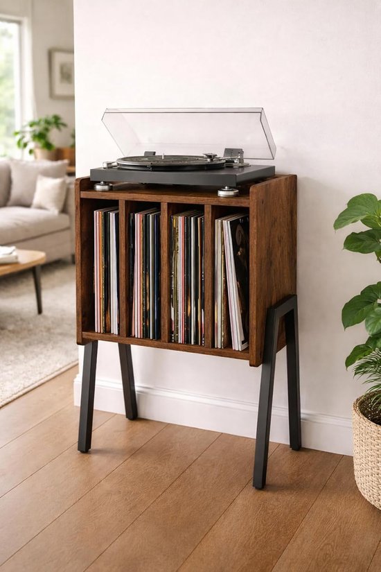 Vinyl meubel – voor draaitafel en vinylalbums – 40 x 30 x 66cm – design hout MDF en metaal – vintage bruin