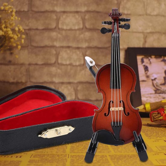 Vioolmodel, houten viool miniatuur muziekinstrument model, miniatuurmodel met standaard, strijkstok, koffer, mini-vioolmodel, muziekinstrument voor huisdecoratie, poppenhuisdecoratie