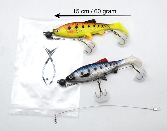 Vis plezier - groot kunstaas 15 cm 60 gram - ideaal voor snoek en snoekbaars - hengelsport - 2 stuks incl onderlijn van Yorwo