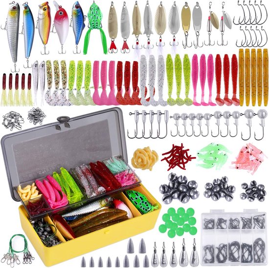 Visaas aas visgerei inclusief crankbaits, spinnerbaits, plastic wormen, mallen, topwater kunstaas, visgerei doos en meer visgerei kunstaas kit set, 102/302 stuks vissen lokken visgerei