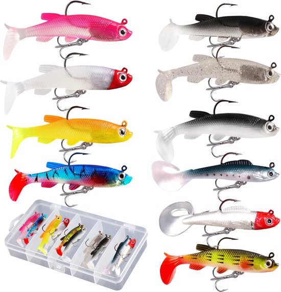 Visaas-set met 10 stuks inclusief transparante doos - Crankbait, Jigkoppen en Rubber Aas voor Roofvis, Snoek en Baars van Merkloos