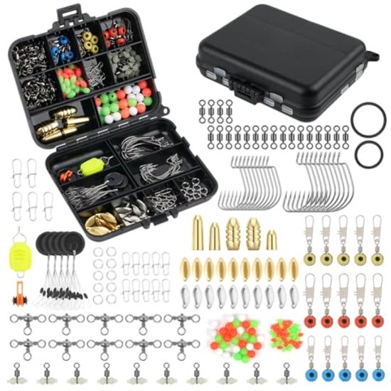 Visgerei Accessoires Kit, 204 Stuks Vislijn Kralen Uitrustingsset, Zeevisgerei Kit inclusief Haak, Messing Gewicht, Ruimteboon, Wartel, O-ring, Wartel met Pailletten en Visgereidoos
