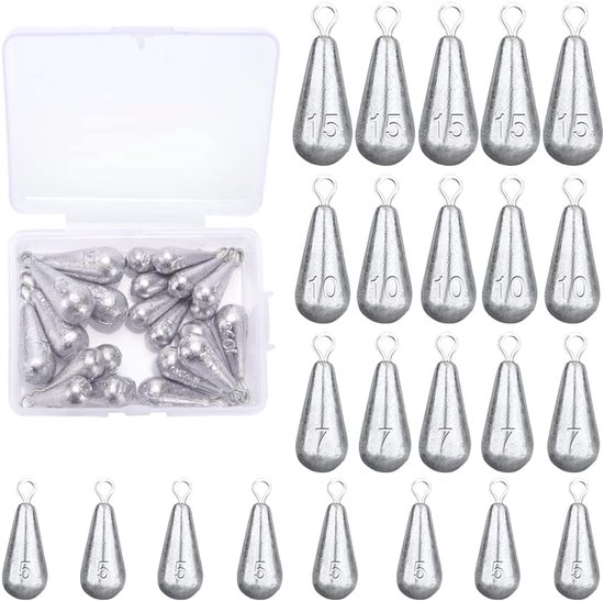 Visgewichten 23 Stuks 5g/7g/10g/15g - Lood Zinkers - Traan Stijl - Ideaal voor free rig vissen - ServiceTopper