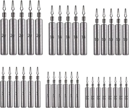Visgewichten 30 Stuks - Hengelaccessoireset - Drop-shot/Druppel-shot - Corrosiebestendig - Roestvrij Staal - Hoogwaardige Loodkwaliteit - Loodsinker