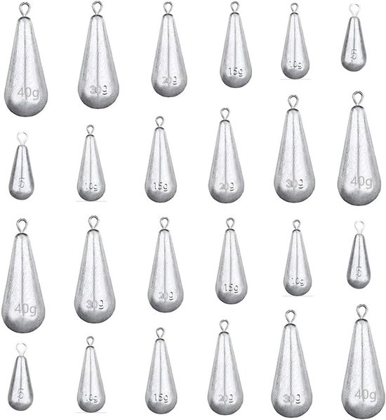 Visgewichten Set van 30 Stuks, Daalvormige Lood Gewichten voor Zee- en Zoetwatervissen, Ideaal voor Outdoor Vissen, 5-40g