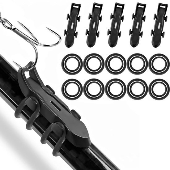 Vishaak 5 Stuks - Vishaakhouder met Magnetische Bevestiging - Kunststof - Aashouder - Rubber Ringen - Zwart - Eenvoudige Installatie - Haakhouder