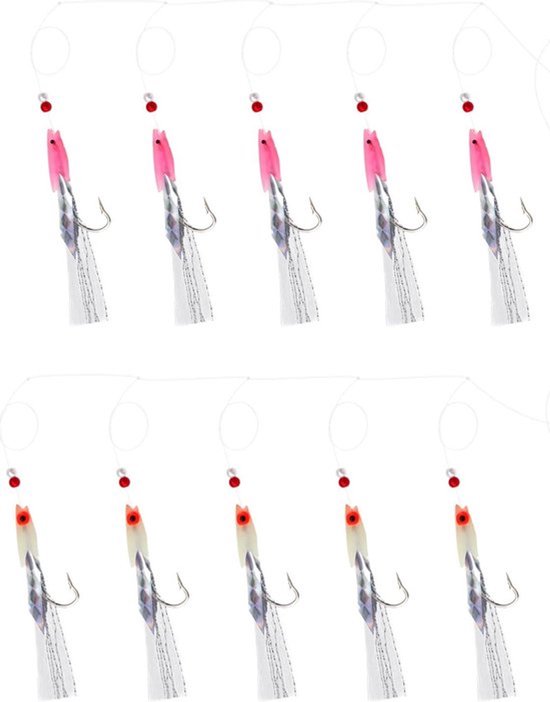 Vishaak - Lichtgevend - Makreel - Polloc - Kabeljauw - Zeevissen - 10 STKS Visaas Lichtgevende Vishaak Bas Kabeljauw Visaas Veer Visaccessoires voor Makreel Bas Polloc Kabeljauw Zeevissen (5 Wit + 5 Roze). van Merkloos