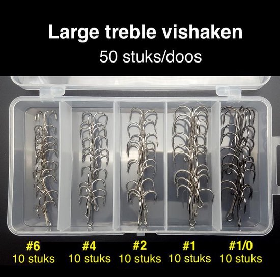 Vishaakjes - Vishaakjes set - Dreg - Treble vishaken set - Dreghaak - Vissen - Visdoos - 50 stuks - L - Maat 6 4 2 1 1/0 van Merkloos