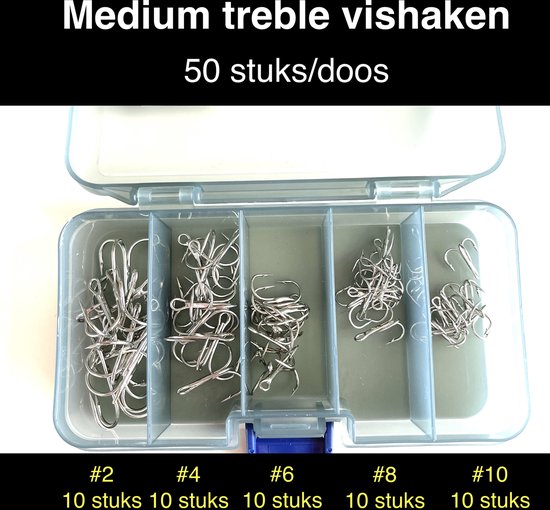 Vishaakjes - Vishaakjes set - Dreg - Treble vishaken set - Dreghaak - Vissen - Visdoos - 50 stuks - M - Maat 10 8 6 4 2 van PEECENTI