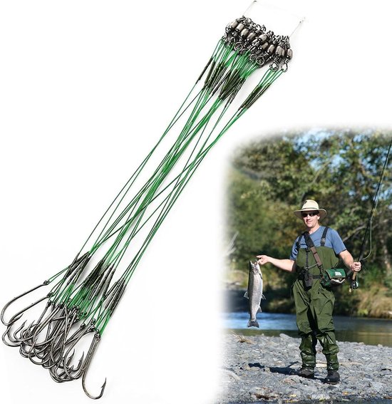 Vishaken met weerhaak - Groen - 20 cm - Koolstofstaal met Stalen Leider - Voor Roofvissen