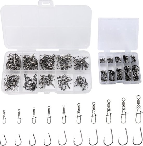 Vishaken met weerhaak - Metaal - 18 x 6 x 2 cm - Set van 200 stuks met viswervels en karabijnhaak - Voor zoet- en zoutwatervissen
