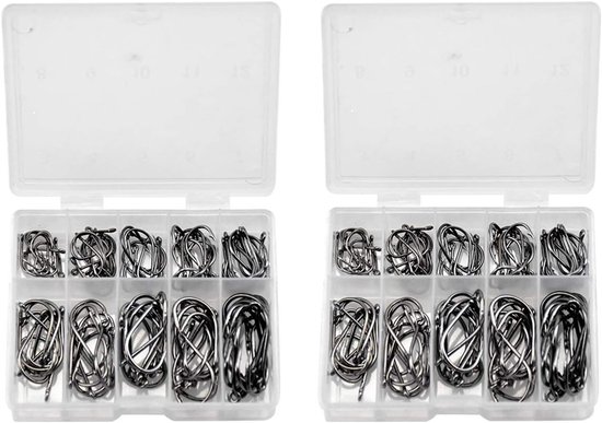 Vishaken met weerhaak - Zwart - 200 stuks - Koolstofstaal - Set met 10 maten en kunststof organizer - Voor sportvissen