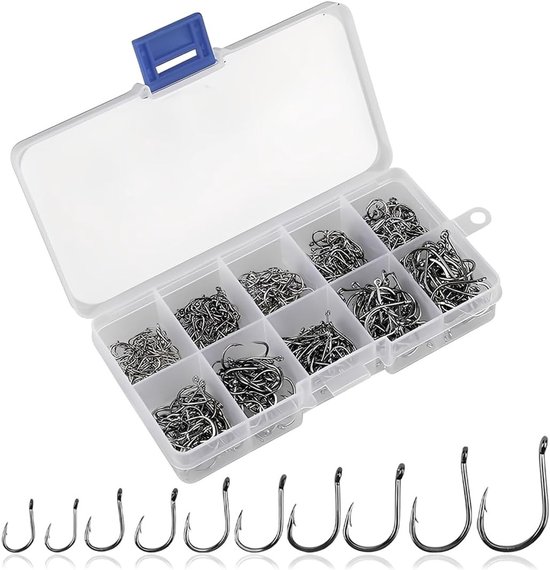 Vishaken set van 200 stuks in kunststof doos, geschikt voor zoet en zout water, forel en karper, 10 maten van 3# tot 12#