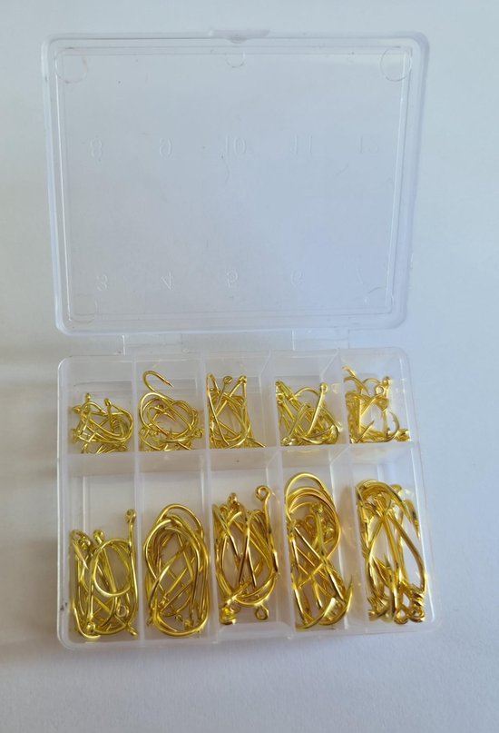 Vishaken Set - Vishaakjes Assorti - 10 maten - 100-delig - Goud van Transparant