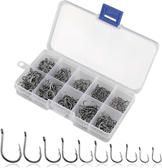 Vishaken van koolstofstaal, 200 stuks in kunststof doos, forel- en karpervissen, set met 10 maten, ideaal voor zoet en zout water, visaccessoires voor elke visser