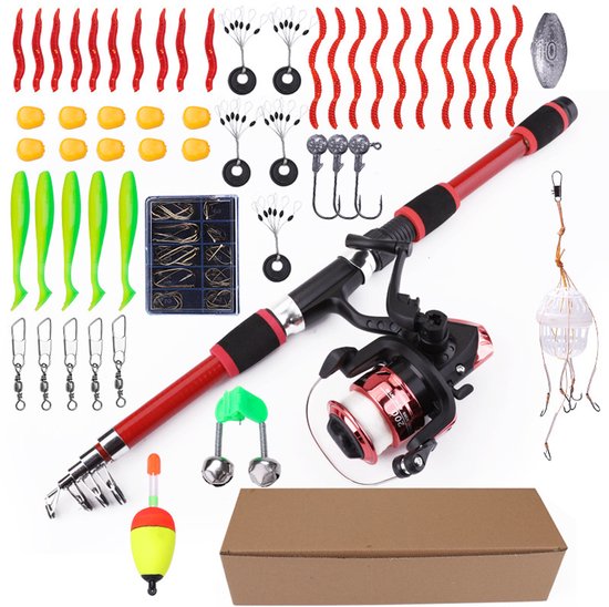 Vishengel Set voor Beginners - 1.8 M - Uitschuifbare Hengel Voor Beginners - Vishengel met Molen - Dobbers - Hengelsport - Vis Accessoires - rood / Zwart - voor Meren Stranden Rivieren - Ideaal voor kinderen en vakantiegebruik van Merkloos
