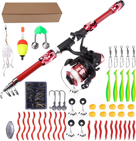 Vishengel Set Voor Beginners - Hengelset - Vishengel+Accessoires - hengel van 1.8 meter inschuifbaar - Complete Hengelset - Vishengel Kinderen - Leuk Voor Op Vakantie - Rood van Merkloos