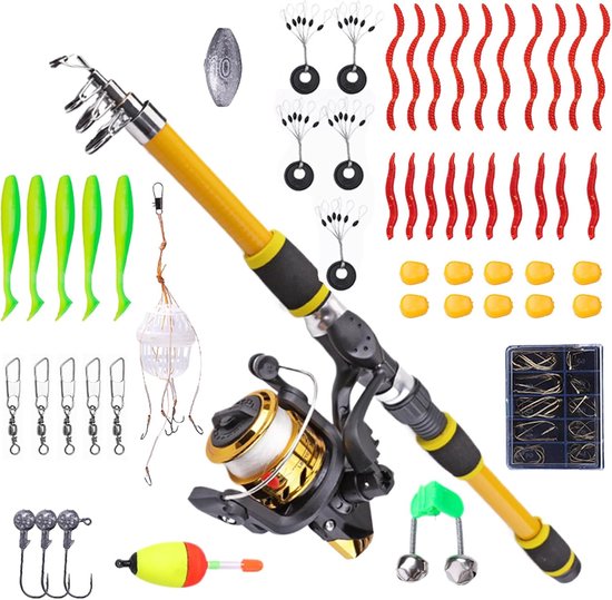 Vishengel set voor kinder - 1.8m telescopisch - draagbare mini-vishengel - Hengel- en molenset voor kinderen - voor jongeren, skiën, varen, baarsvissen, forelvissen, jongens, meisjes, reizen, kamperen, wandelen - geel van Merkloos