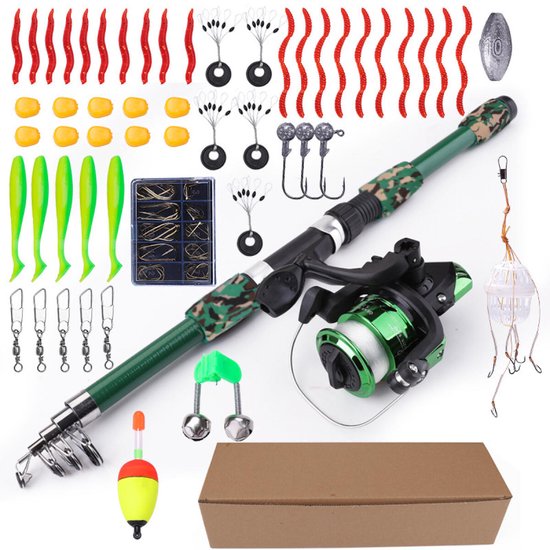 Vishengel set voor kinder 55 stuks - hengelset - complete hengelset 1.8M - met Visaas en Vishaak - vishengel + accessoires - voor beginners en gelegenheidsvissers - compleet - duurzaam - camouflage groen van Merkloos