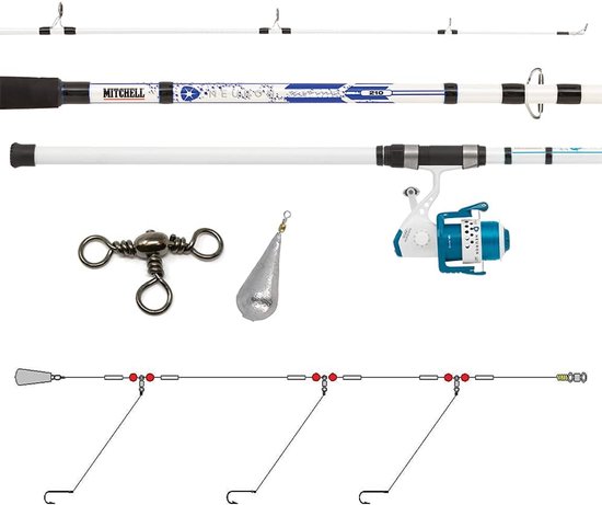 Vishengel Set - Zeehengel Molen - Bodemvissen Middellandse Zee - Telescopische Boothengel - 3.30m - Wit Blauw
