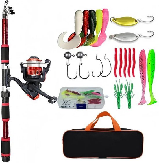 Vishengelset - Rood - 20 delig - Met Opbergtas - Vishengel Kinderen - met Molen - Vishengel - Werphengel - Vishengels - Vishengel Telescoop