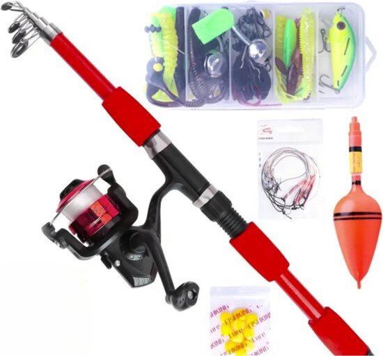 Vishengelset - Rood - 77 delig - met Molen - Vishengel - Werphengel - Vishengels - Vishengel Telescoop - Vishengel Kinderen van Merkloos