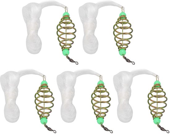 Viskorf Set - RVS Bait Cage & Nylon Net - Nachtlicht Kraal - Voor Zoetwatervissen - Visliefhebbers - Versterkt Draad - Zilver/Groen - 5 stuks van Merkloos