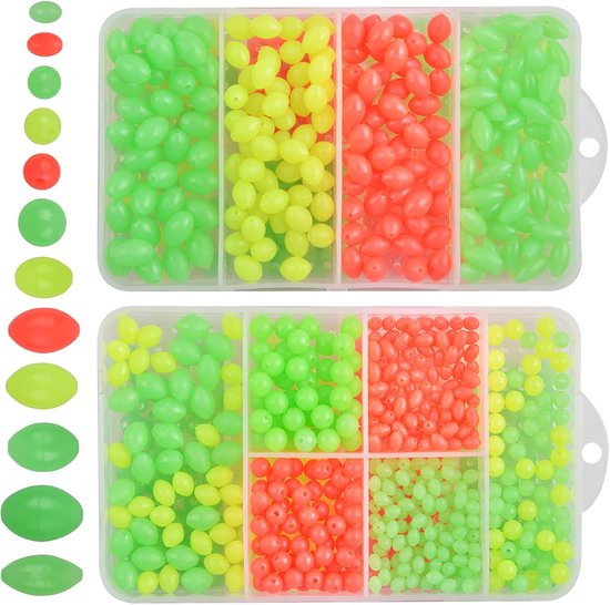 Viskralen - Glow-In-The-Donker Viskralen - Lichtgevend Effect Voor Nachtvisserij - Duurzaam Plastic Materiaal - 12 Maten In Stevige Doos - 1000 Stuks Set - Voor Carolina Rig En Vliegbinden van Merkloos