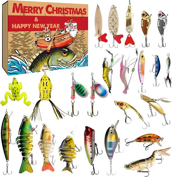 vislok adventkalender 2026 - 24 stuks - meerdere kleuren - metaal en plastic materiaal - 28x20cm - hengelsport kunstaas set - kerstcadeau voor vissers - geschikt voor zoetwater en zoutwater vissen