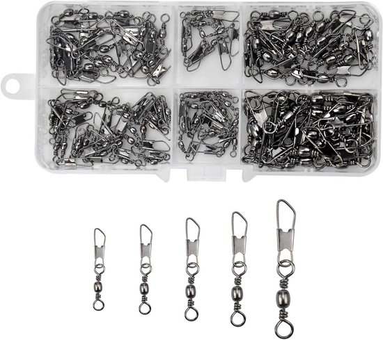 Vismaat Hoge Sterkte Visserijvat Swivel met Veiligheid Snap Connector Kit - Inclusief Interlock Snaps - Solid Barrel Swivel - Tackle voor Vissen - Maten 6 # 8 # 10 # 12 # 14 # (100 stuks) van Merkloos