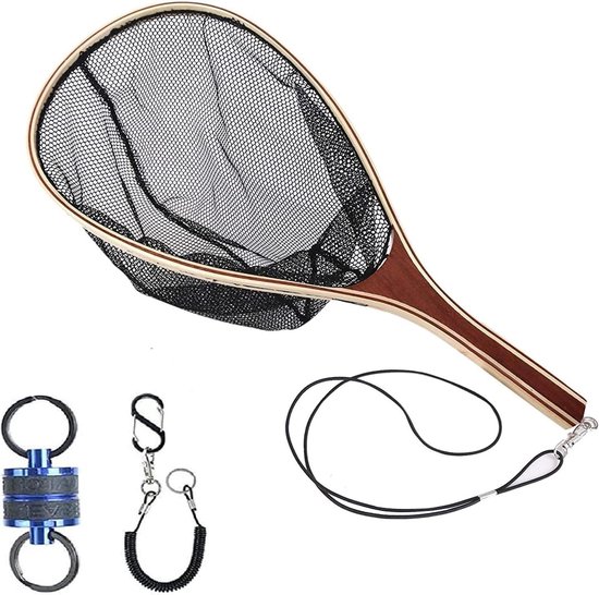 Visnet Maximcatch FL04 - houten frame - rubberen nylon net - vis landingsnet met lang handvat - zwart van Merkloos