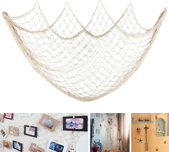 Visnet Muur Decor, Netting Muur Opknoping Decor, Visnet Muurdecor, Wanddecoratie voor Thuis, Bar, Restaurant (150x200cm, Beige)