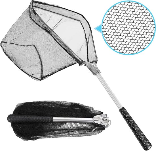 Visnet Schepnet - Ondervangnet Inklapbaar - Vissen Vangen - Opvouwbaar Rubber - 55 cm - Zwart