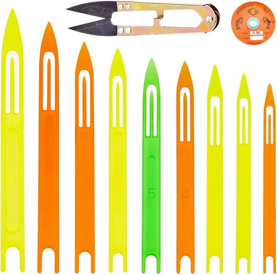 Visnetnaalden Reparatiesets Inclusief 9 stuks Plastic Visnetnaalden Shuttles 1 stuk Scherpe Staal 1 rol Transparant Vislijn Nylon Draad Reparatie Visnet Gereedschap
