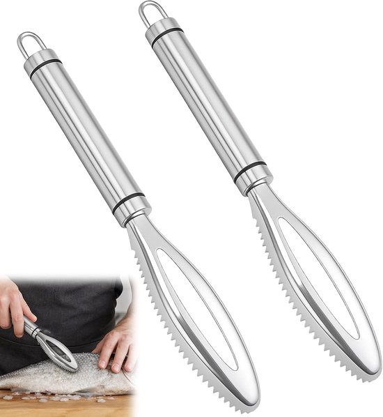 Visschubbenverwijderaar 2 stuks - roestvrij staal - ergonomische grip - effectief voor grote vissen - SnelShoppen