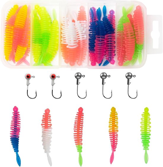 Vissen met Rubber Aas Set van 35 Stuks voor Forel, Baars en Snoek - Inclusief Jigkoppen en Accessoires voor Meren en Beken