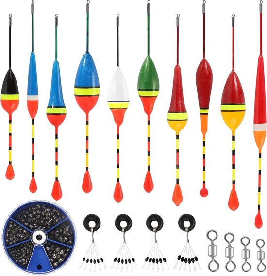 Vissersfloat set met 10 dobbers, 4 rubberen stoppers, 4 twist clips en 205 loodgewichten voor diverse vistechnieken van Merkloos