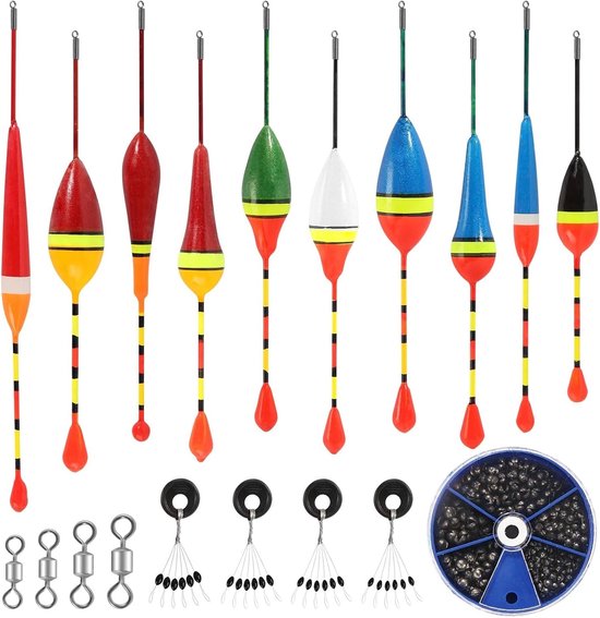 Vissersfloat set met 10 drijvers, 4 rubberen stoppers, 4 twist clips en 205 loodgewichten voor diverse vistechnieken
