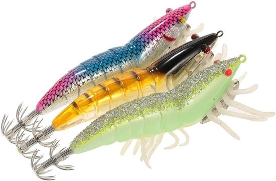 Visserskunstaas voor Garnalen en Inktvis - Hard Kunstmatige Lure met Glimfunctie en Geleadde Haak, 12cm/21g, Set van 3 Stuks van Merkloos